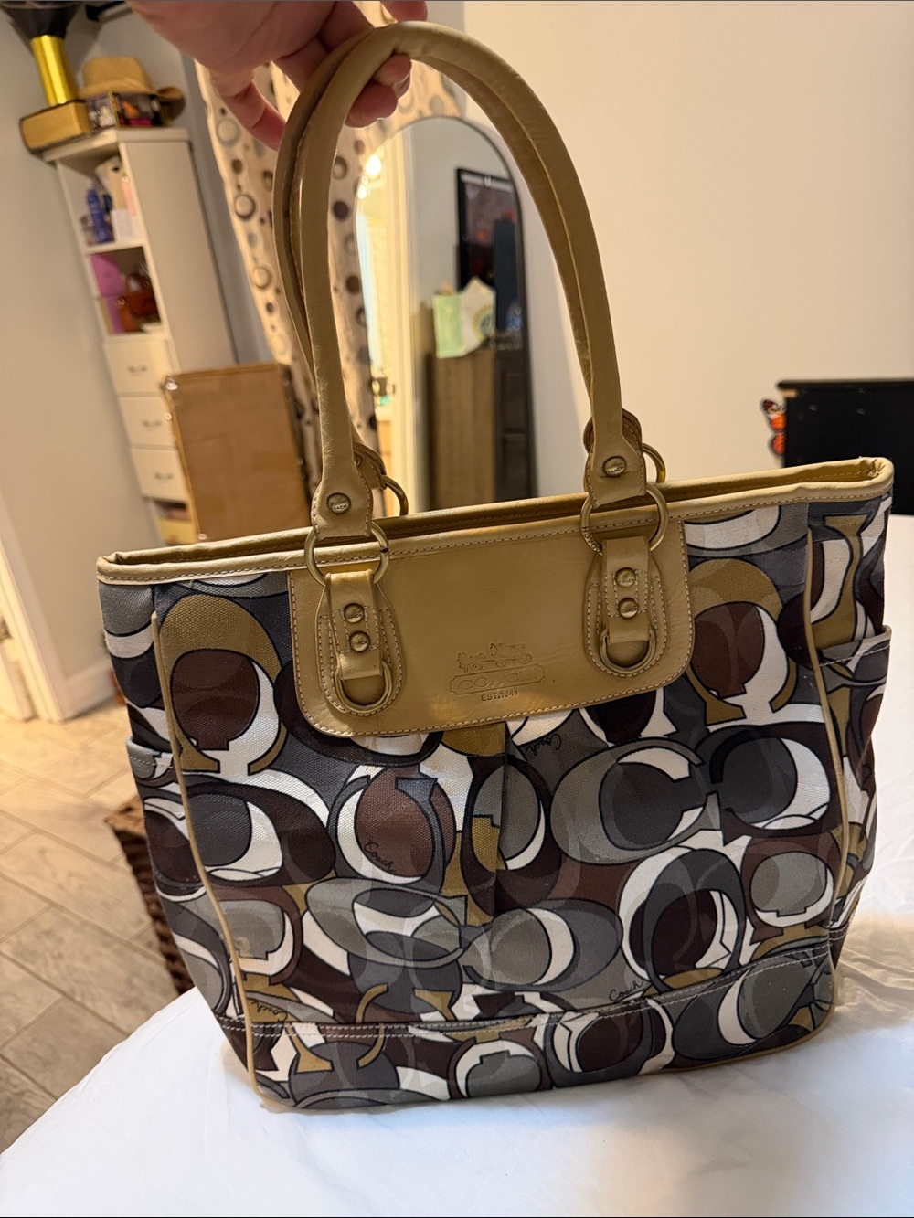 Coach Signature Canvas Tote in Brown, Tan, Gray and Cream